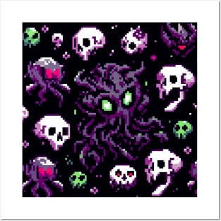 PATRON CALAVERAS MUTANTES Y PULPO ALIEN MORADO PIXELADOS Posters and Art